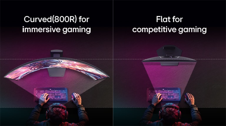 Salīdzinājums ar skatiem no augšas ar spēlētāju pie galda ar diviem monitoriem: pa kreisi izliekts 800R displejs aizraujošai spēlei ar platāku skatu un pa labi plakans displejs konkurētspējīgai spēlei ar fokusētu skatu taisnā leņķī.