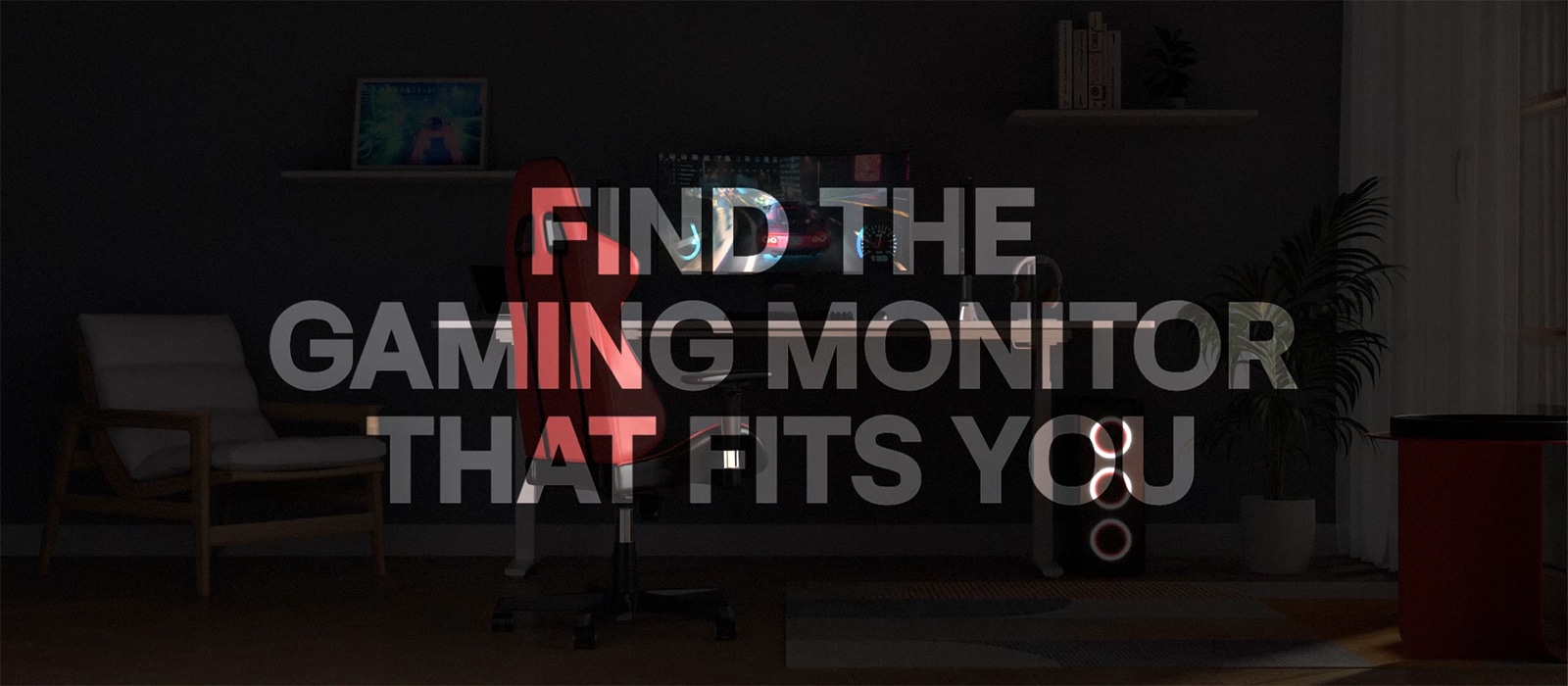 Centrāls UltraGear monitors uz eleganta galda demonstrē strauja tempa dažādu žanru spēles, piemēram, šaušanas spēles, sacīkstes un piedzīvojumu spēles, savukārt apkārtējā vide dinamiski mainās, izceļot dažādos spēles iestatījumus.