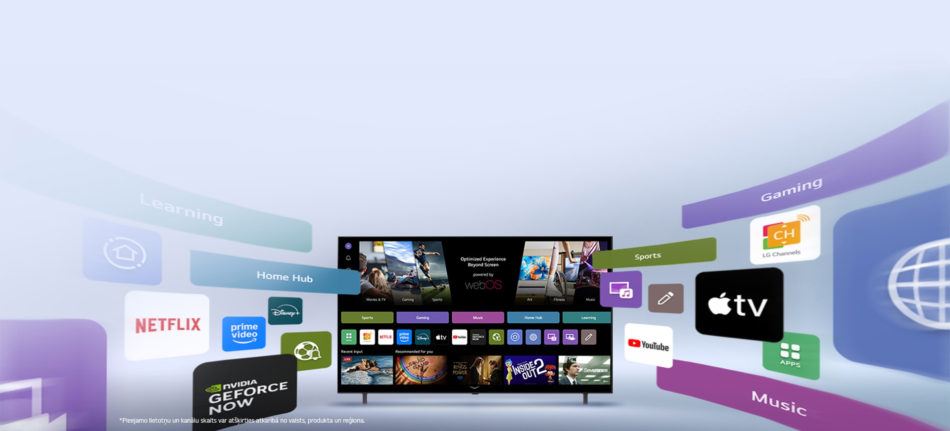LG Smart TV ar webOS sākuma ekrānu, kurā redzamas izklaides lietotnes un LG Channels UI elementi, kas dinamiski izplešas, izceļot globālās lietotnes un kanālus.
