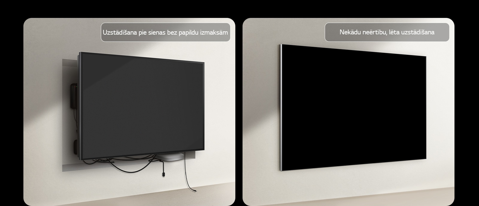 Vadu TV un LG True Wireless TV salīdzinājums blakus attiecībā uz uzstādīšanu. Vadu TV pusē bijusi nepieciešama papildu konstrukcija, lai noslēptu citas ierīces aiz TV. Nekārtība un vadi joprojām redzami spraugās. Norāde par uzstādīšanu pie sienas bez papildu izmaksām. LG True Wireless pusē TV ir estētiski piestiprināts pie sienas. Nav redzami nekādi vadi vai citas ierīces. Norāde par ērtu un lētu uzstādīšanu.