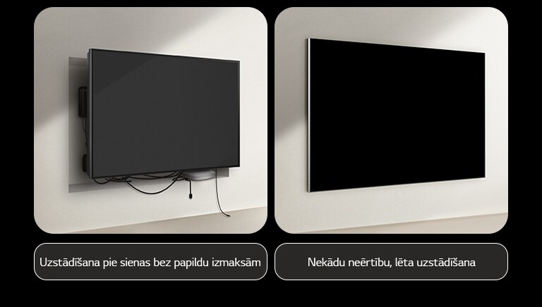 Vadu TV un LG True Wireless TV salīdzinājums blakus attiecībā uz uzstādīšanu. Vadu TV pusē bijusi nepieciešama papildu konstrukcija, lai noslēptu citas ierīces aiz TV. Nekārtība un vadi joprojām redzami spraugās. Norāde par uzstādīšanu pie sienas bez papildu izmaksām. LG True Wireless pusē TV ir estētiski piestiprināts pie sienas. Nav redzami nekādi vadi vai citas ierīces. Norāde par ērtu un lētu uzstādīšanu.