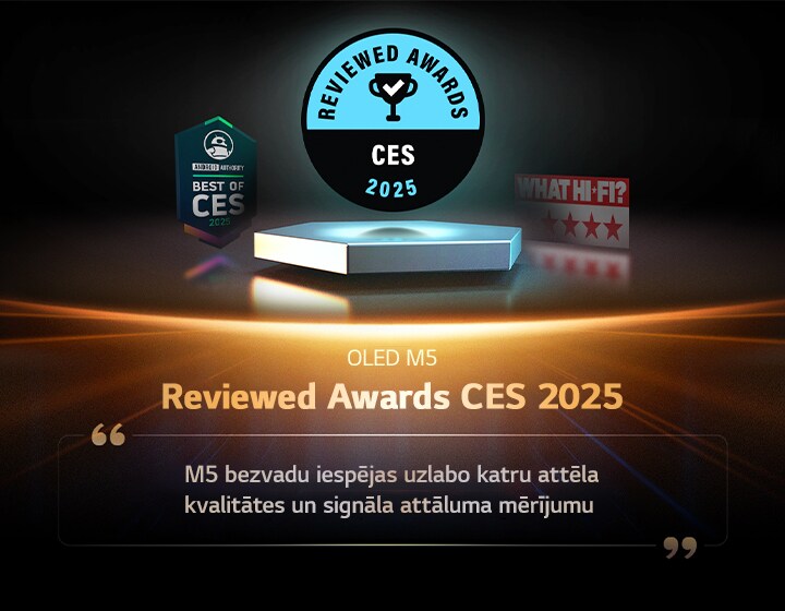 Apbalvojums par OLED M5 no Reviewed. Fragments no viņu pārskatiem, M5 bezvadu iespējas uzlabo katru attēla kvalitātes un signāla attāluma mērījumu.