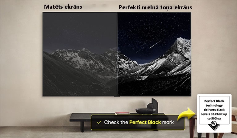 Dzīvojamā istaba ar pie sienas piestiprinātu LG OLED TV. TV ir redzama kalnu grēda pret tumšām vakara debesīm, kas pilnas ar zvaigznēm. Šis kadrs ir sadalīts uz pusēm. Vienā pusē ir redzama blāvāka, pelēkāka ainavas versija ar apzīmējumu “Neskaidri melns”. Otrā pusē ir patīkamāks attēls ar lielāku melno un balto toņu dinamisko diapazonu. Tas ir apzīmēts ar “Perfect Black” (“Izcili melns”). Redzams arī logotipa sertifikāts, Perfect Black tehnoloģija nodrošina melnās krāsas līmeni, kas ir mazāks vai vienāds ar 0,24 nitiem līdz 500 luksiem. Teksta burbulis tā sānos norāda “Check the Perfect Black” (“Iepazīstiet izcili melno”) sertifikācijas marķējumu. 