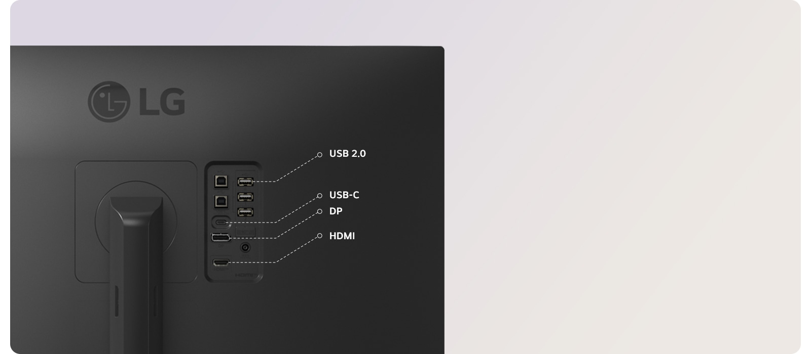 LG monitora aizmugure, kurā redzami USB 2.0, USB-C, DP un HDMI porti elastīgai savienojamībai.