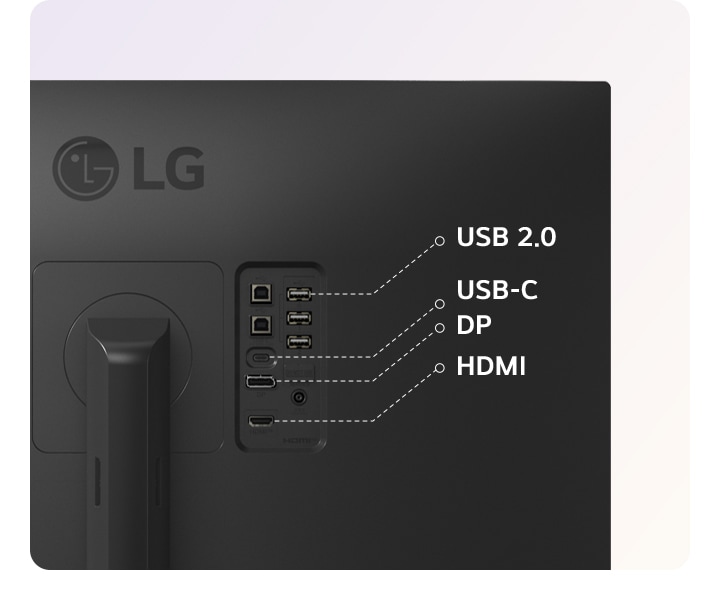 LG monitora aizmugure, kurā redzami USB 2.0, USB-C, DP un HDMI porti elastīgai savienojamībai.