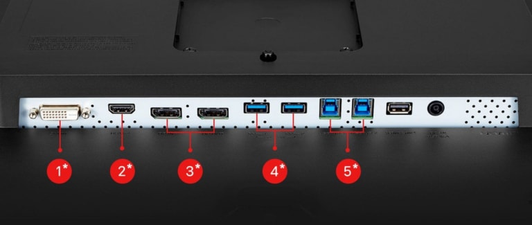 DVI IN, HDMI™, DisplayPort x 2, USB 3.0 lejupplūsma x 2, USB 3.0 augšupplūsma x 2.
