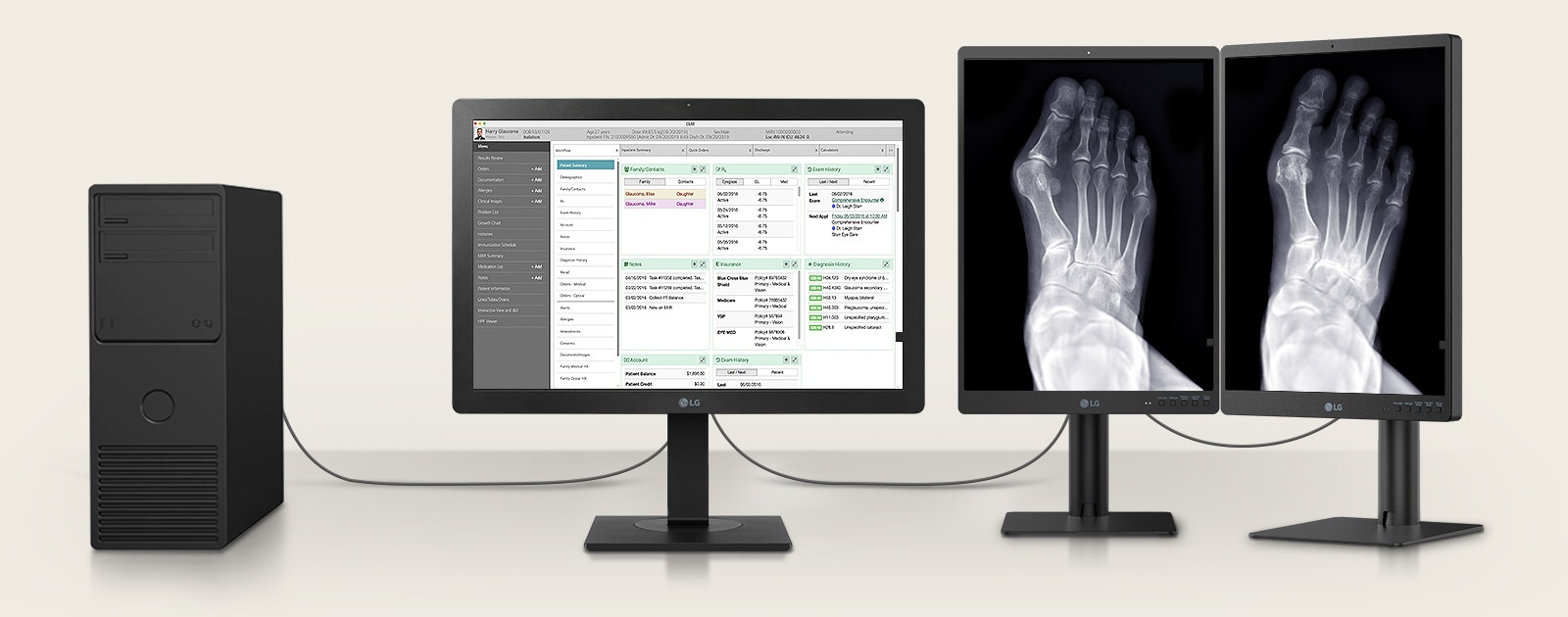 Varat savienot 24HR513C ar diviem *3MP diagnostikas monitoriem, kas parāda pacientu diagrammas uz 24HR513C un medicīniskos attēlus divos 3MP monitoros.