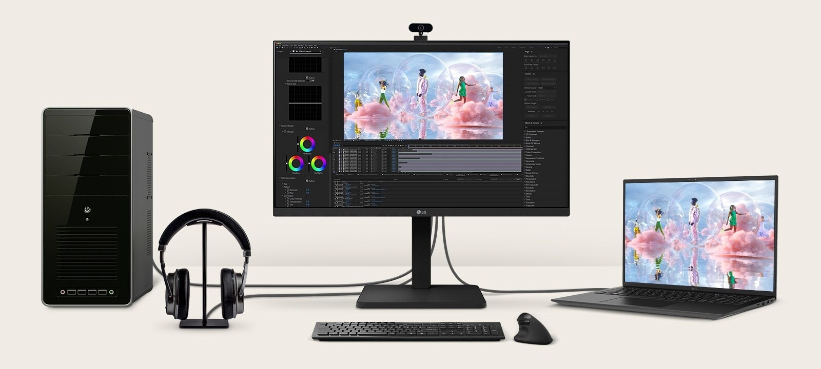 Priekšējais skats, kurā redzama darbstacija ar vairākām ierīcēm, kuras savienotas ar monitoriem.