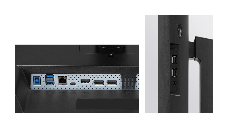 Šim monitoram ir USB Type-C™, DisplayPort, HDMI, RJ45 (Ethernet), USB (1 augšupielāde/4 lejupielāde) un austiņu izvades ports.