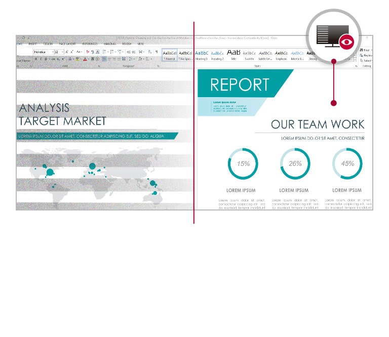 Monitorā ar samazinātu mirgošanu redzama darba atskaite, salīdzinot to ar tradicionālo režīmu.