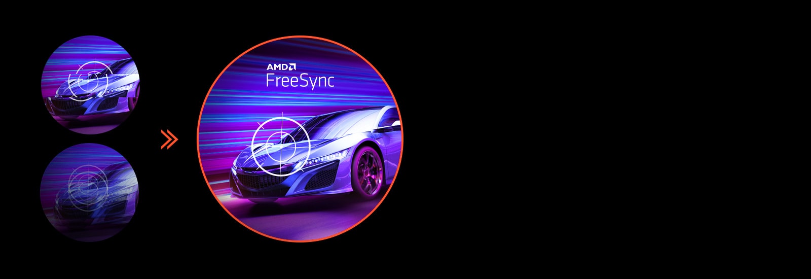 Salīdzinošs attēls ar automašīnu, kas brauc ļoti ātri. Automašīnas attēls labajā pusē ir spilgts, bet attēli kreisajā pusē bez AMD FreeSync™ nav.