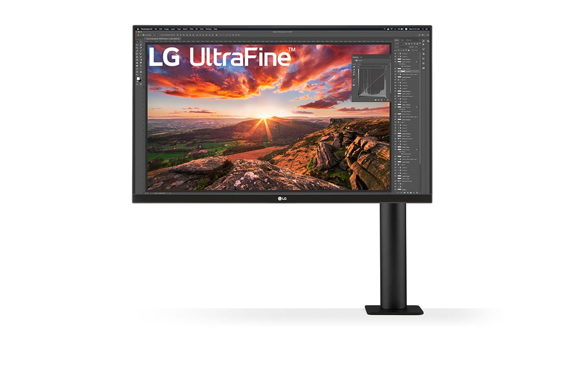 LG 27 collu Ergo UHD 4K monitors, Skats no priekšpuses ar monitora kronšteinu labajā pusē, 27UN880-B