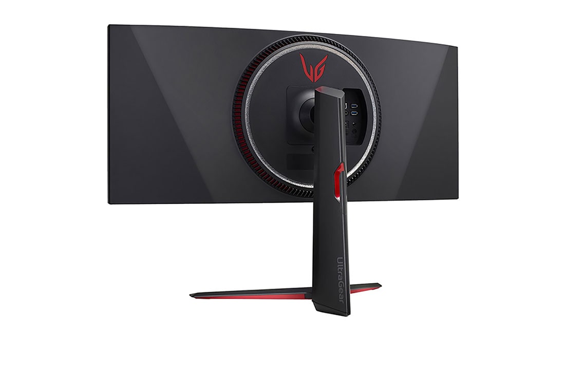 LG 34 collu UltraGear™ monitors spēlēm, Slīps skats no aizmugures ar ieslēgtām baltas krāsas gaismām, 34GP950G-B, thumbnail 8
