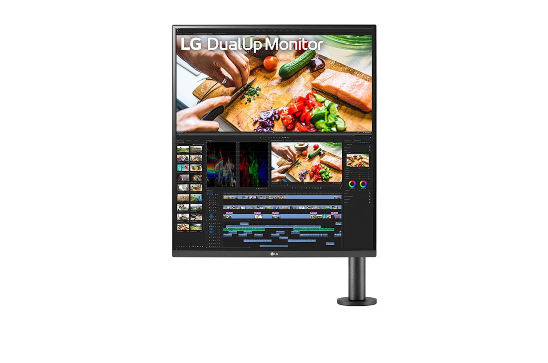 LG 27,6 collu 16:18 DualUp monitors ar Ergo statīvu un USB Type-C™, Skats no priekšpuses ar monitora kronšteinu labajā pusē, 28MQ780-B