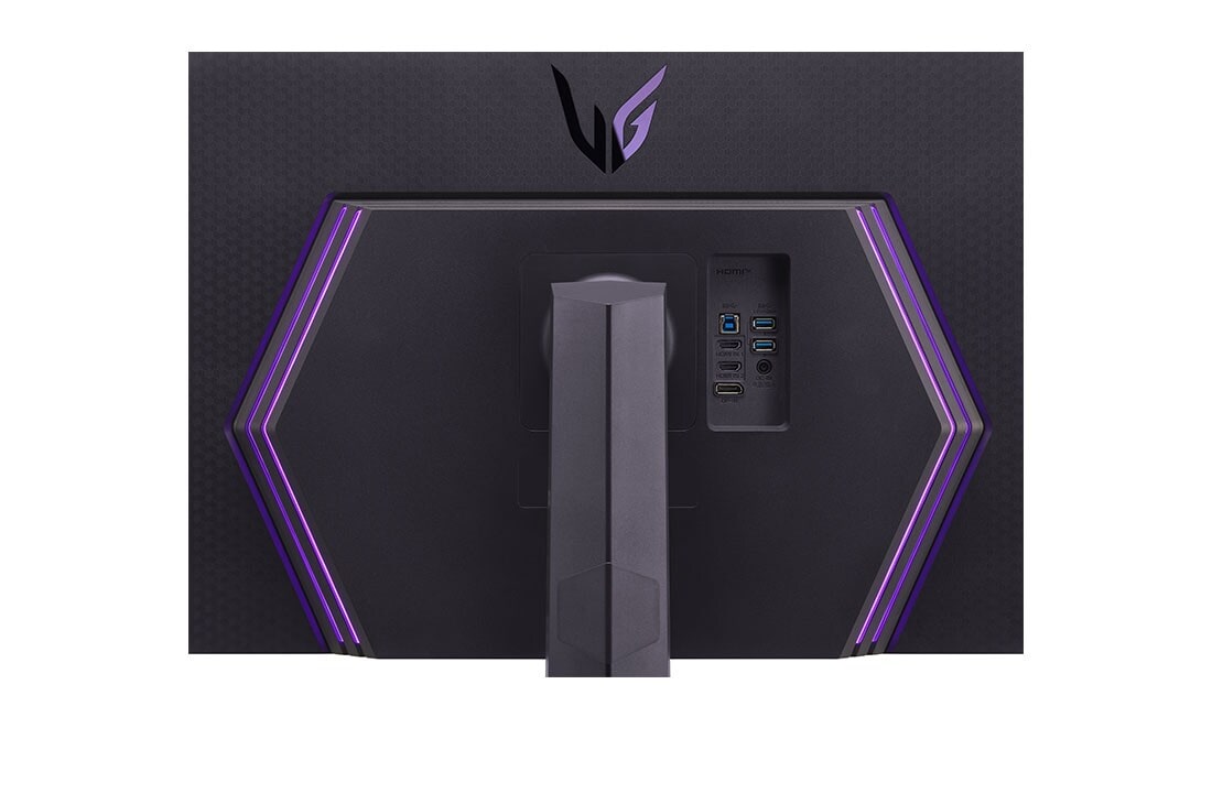 LG 32 collu UltraGear™ QHD monitors spēlēm ar 240Hz (virstaktēti 260Hz) atsvaidzes intensitāti, tuvplānā skats uz portiem ar ieslēgtām gaismām, 32GQ850-B, thumbnail 11