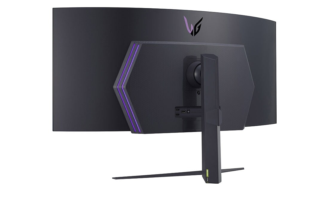 LG 45 collu UltraGear™ OLED izliekts monitors spēlēm WQHD ar 240 Hz atsvaidzes intensitāti, 0.03ms (GtG) reakcijas laiku, skats rakursā no aizmugures ar ieslēgtām gaismām, 45GR95QE-B, thumbnail 9