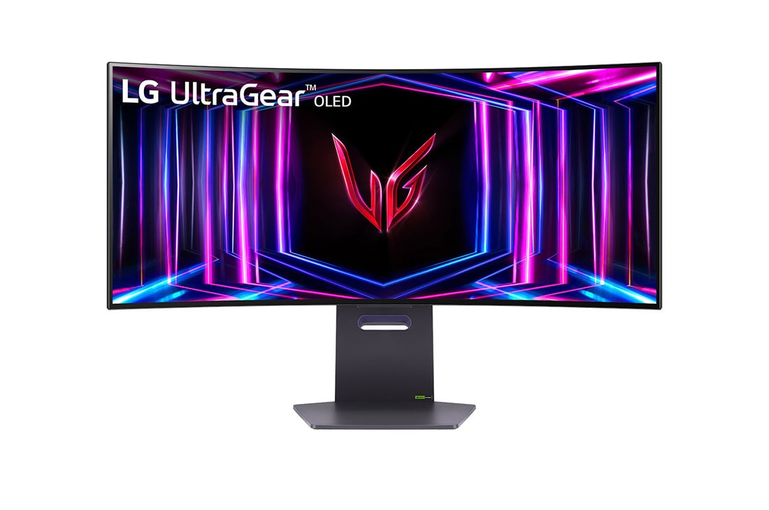 LG 34'' UltraGear™ OLED pilnīgi jaunais 800R izliektais spēļu monitors | 21:9 Ultra-WQHD 240 Hz, 0,03 ms (GtG), DisplayHDR True Black 400, skats no priekšpuses, 34GS95QE-B