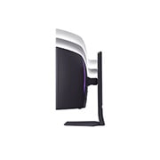 LG 34'' UltraGear™ OLED pilnīgi jaunais 800R izliektais spēļu monitors | 21:9 Ultra-WQHD 240 Hz, 0,03 ms (GtG), DisplayHDR True Black 400, sānu skats uz monitoru, kura augstums tiek regulēts uz leju, ar ieslēgtām gaismām, 34GS95QE-B, thumbnail 14