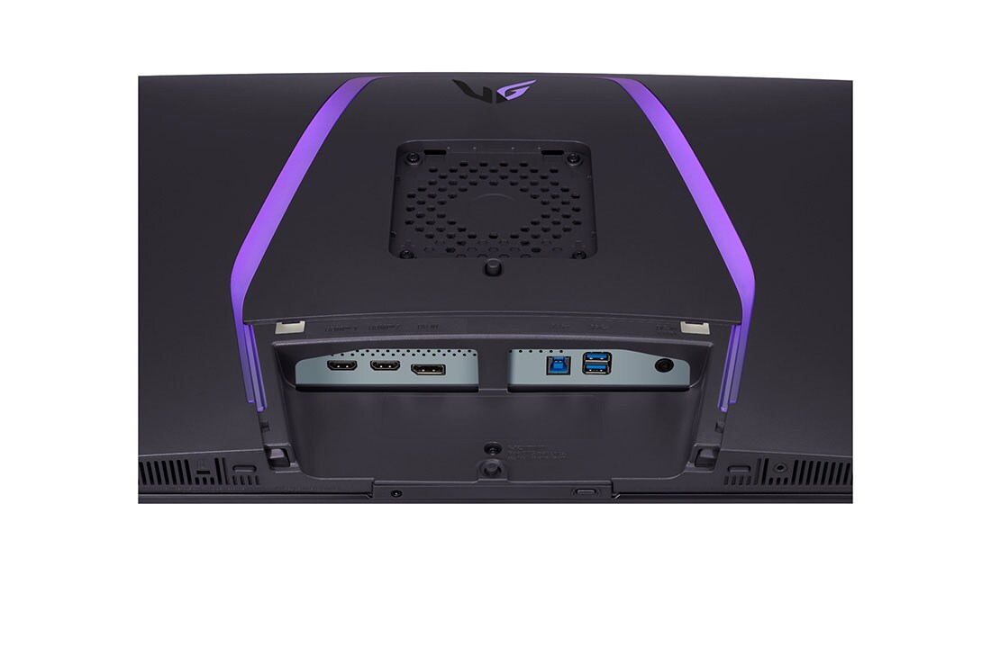 LG 32'' UltraGear™ Dual-Mode OLED spēļu monitors | 4K UHD, Pixel Sound, skats uz portiem ar ieslēgtām gaismām tuvplānā, 32GS95UE-B, thumbnail 12