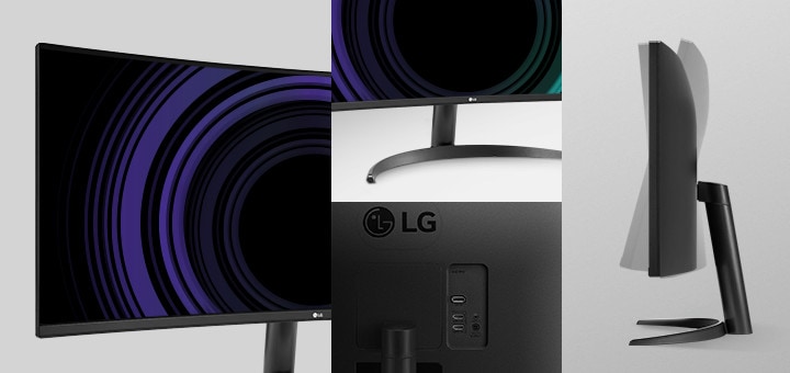 Attēlā redzams monitoru trīspusēju praktiski bezmalu skats, viena klikšķa statīvs, augstums un slīpums.