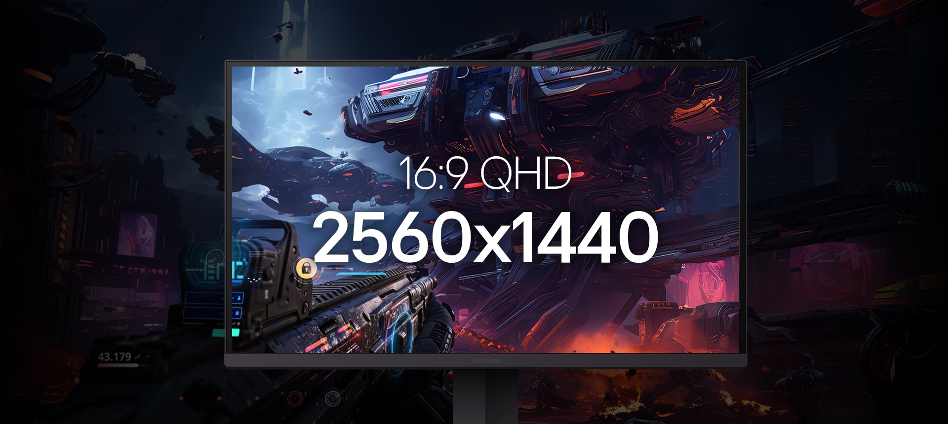 LG UltraGear™ 27G610A monitora tuvplāns ekrānā, kurā redzama zinātniskās fantastikas spēles kaujas aina ar futūristiskiem kosmosa kuģiem un robotiem. Pārklājuma teksts izceļ izšķirtspēju un malu attiecību: “16:9 QHD 2560×1440”.