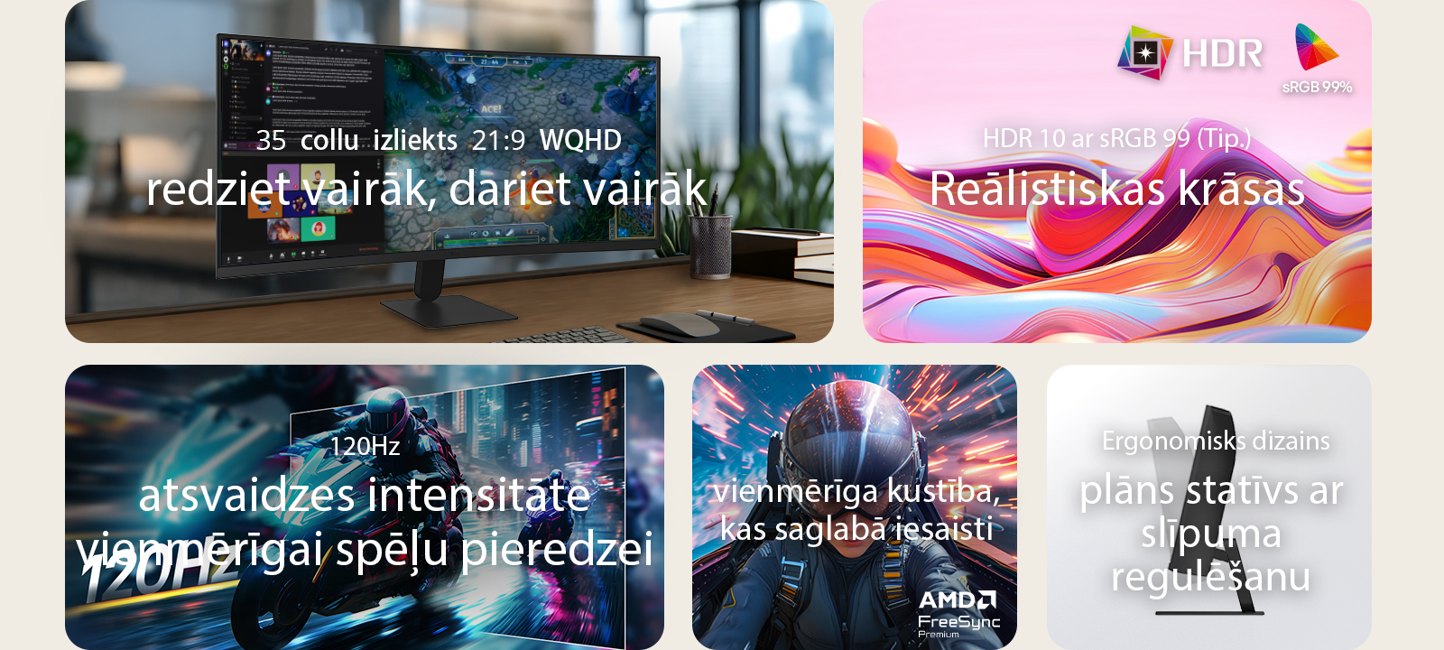 LG UltraWide izliektā monitora funkciju pārskats, kurā redzams 34&nbsp;collu WQHD izliekts displejs, HDR10 ar sRGB 99% krāsu precizitāti, vienmērīga 120Hz atsvaidzes intensitāte, AMD FreeSync atbalsts un elegants statīvs ar slīpuma regulēšanu ieskaujošai spēļu pieredzei un efektīvai vairākuzdevumu veikšanai.