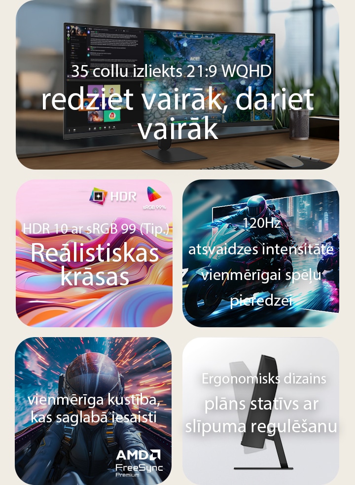 LG UltraWide izliektā monitora funkciju pārskats, kurā redzams 34&nbsp;collu WQHD izliekts displejs, HDR10 ar sRGB 99% krāsu precizitāti, vienmērīga 120Hz atsvaidzes intensitāte, AMD FreeSync atbalsts un elegants statīvs ar slīpuma regulēšanu ieskaujošai spēļu pieredzei un efektīvai vairākuzdevumu veikšanai.