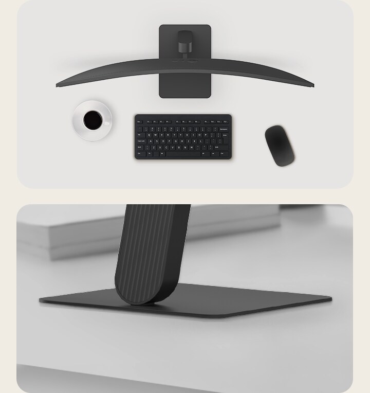 LG UltraWide izliekta monitora augšējais skats uz galda ar kafijas krūzi, bezvadu tastatūru un peli, kā arī tuvplāns ar plāno, kvadrātveida monitora pamatni, kas paredzēta stabilitātei un neapgrūtinošai darba vietai.