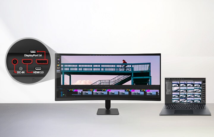 Monitora HDMI 2.0 un DisplayPort 1.4 saderība nodrošina vienmērīgu savienojumu ar dažādām ierīcēm, atbalstot efektīvu un racionalizētu galda izkārtojumu.