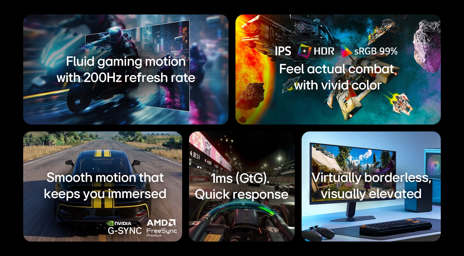 Šajā attēlā redzamas LG spēļu monitora galvenās funkcijas, tostarp 200Hz atsvaidzes intensitāte vienmērīgai kustībai, IPS displejs ar HDR un sRGB 99&nbsp;% krāsu gammu spilgtam attēlam, vienmērīga spēļu pieredze ar NVIDIA G-SYNC un AMD FreeSync Premium atbalstu, 1ms (GtG) reakcijas laiks ātrai spēļu darbībai, kā arī dizains praktiski bez malām aizraujošai pieredzei.