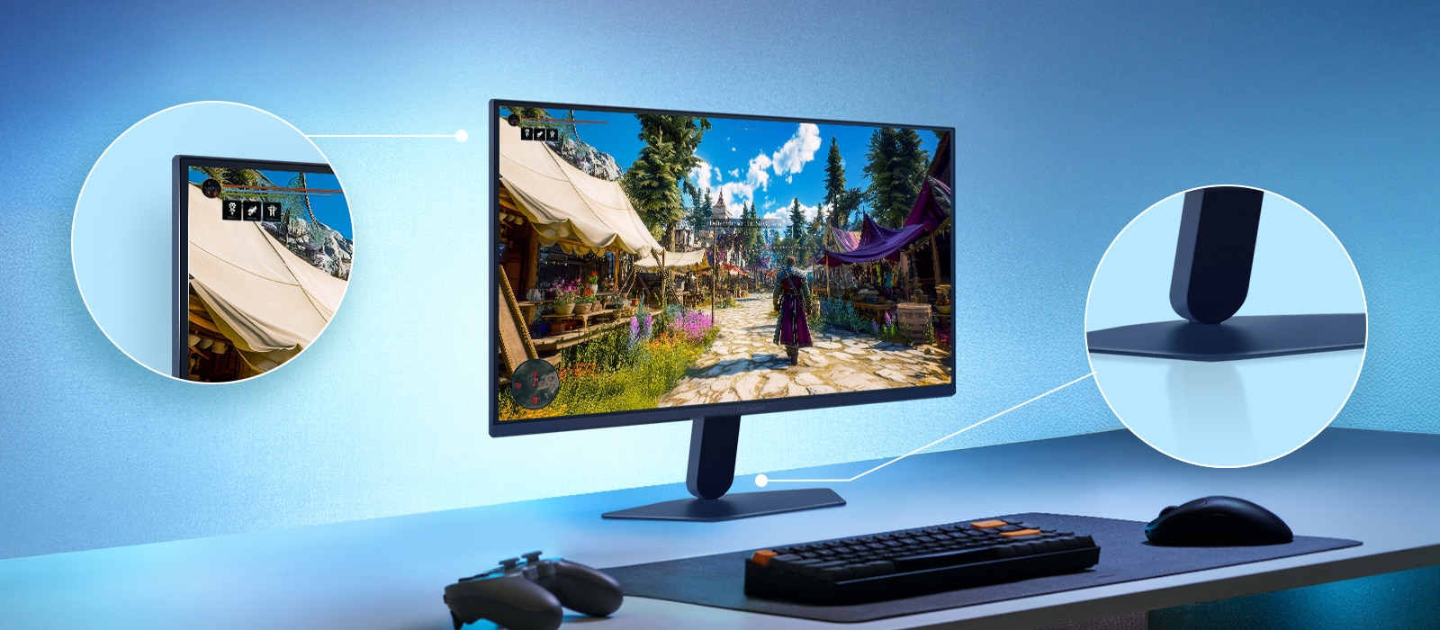 Šajā attēlā redzams UltraGear™ spēļu monitors uz galda, kurā attēlota spēles aina ar tuvplāniem, kas uzsver displeja dizainu bez malām un eleganto peldošo statīvu.