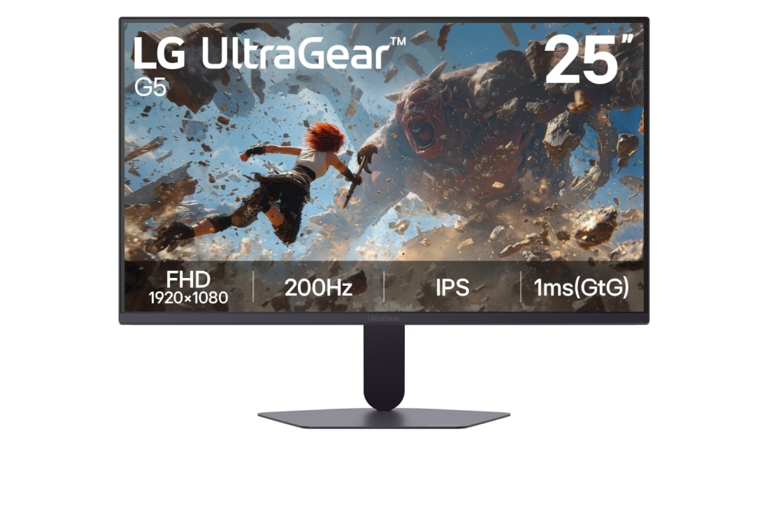 LG 25'' UltraGear™ G5, 200Hz FHD spēļu monitors, 'LG UltraGear G5 25&nbsp;collu spēļu monitora skats no priekšpuses ar IPS displeju un FHD (1920×1080) izšķirtspēju, 200Hz atsvaidzes intensitāti un 1ms (GtG) reakcijas laiku, kas paredzēts ātrai veiktspēja, 25G523B-B, thumbnail 2