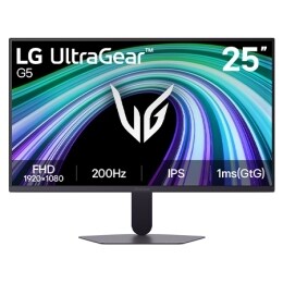 Šajā attēlā redzams LG UltraGear G5 25&nbsp;collu spēļu monitora skats no priekšpuses ar IPS displeju un FHD (1920×1080) izšķirtspēju, 200Hz atsvaidzes intensitāti un 1ms (GtG) reakcijas laiku, uzsverot āt2