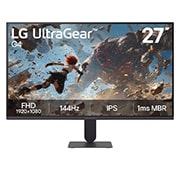 LG 27&nbsp;collu UltraGear™ G4, FHD, 144Hz spēļu monitors, Šajā attēlā redzams LG UltraGear G4 27&nbsp;collu spēļu monitora skats no priekšpuses ar IPS displeju un FHD (1920×1080) izšķirtspēju, 144Hz atsvaidzes intensitāti un 1ms MBR reakcijas laiku, uzsverot ātru, 27G411B-B, thumbnail 2