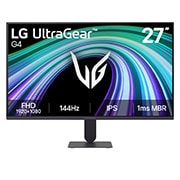 LG 27&nbsp;collu UltraGear™ G4, FHD, 144Hz spēļu monitors, Šajā attēlā redzams LG UltraGear G4 27&nbsp;collu spēļu monitora skats no priekšpuses ar IPS displeju un FHD (1920×1080) izšķirtspēju, 144Hz atsvaidzes intensitāti un 1ms MBR reakcijas laiku, uzsverot ātru, 27G411B-B, thumbnail 1