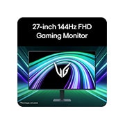 LG 27&nbsp;collu UltraGear™ G4, FHD, 144Hz spēļu monitors, 'Skats no spēļu monitora priekšpuses, parādot futūristisku neona stila vidi., 27G411B-B, thumbnail 5