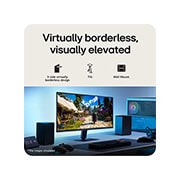 LG 27&nbsp;collu UltraGear™ G4, FHD, 144Hz spēļu monitors, Šajā attēlā redzams UltraGear™ spēļu monitors uz galda, kurā attēlota spēles aina ar ikonām, kas norāda uz dizainu trīs pusēs bez malām, augstuma un slīpuma regulēšanas atbalstu un saderību ar sienas , 27G411B-B, thumbnail 10