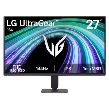 Šajā attēlā redzams LG UltraGear G4 27&nbsp;collu spēļu monitora skats no priekšpuses ar IPS displeju un FHD (1920×1080) izšķirtspēju, 144Hz atsvaidzes intensitāti un 1ms MBR reakcijas laiku, uzsverot ātru1
