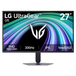 Šajā attēlā redzams LG UltraGear G5 27&nbsp;collu spēļu monitora skats no priekšpuses ar IPS displeju un FHD (1920×1080) izšķirtspēju, 200Hz atsvaidzes intensitāti un 1ms (GtG) reakcijas laiku, uzsverot āt2