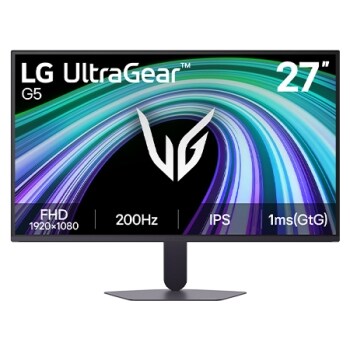 Šajā attēlā redzams LG UltraGear G5 27&nbsp;collu spēļu monitora skats no priekšpuses ar IPS displeju un FHD (1920×1080) izšķirtspēju, 200Hz atsvaidzes intensitāti un 1ms (GtG) reakcijas laiku, uzsverot āt1