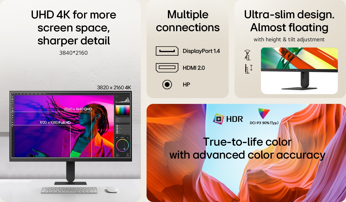LG UHD 4K monitora galveno funkciju apskats ietver displeja izšķirtspēju 3840x2160, vairākas savienojuma iespējas, kā arī regulējamu augstumu un slīpuma iestatījumus.