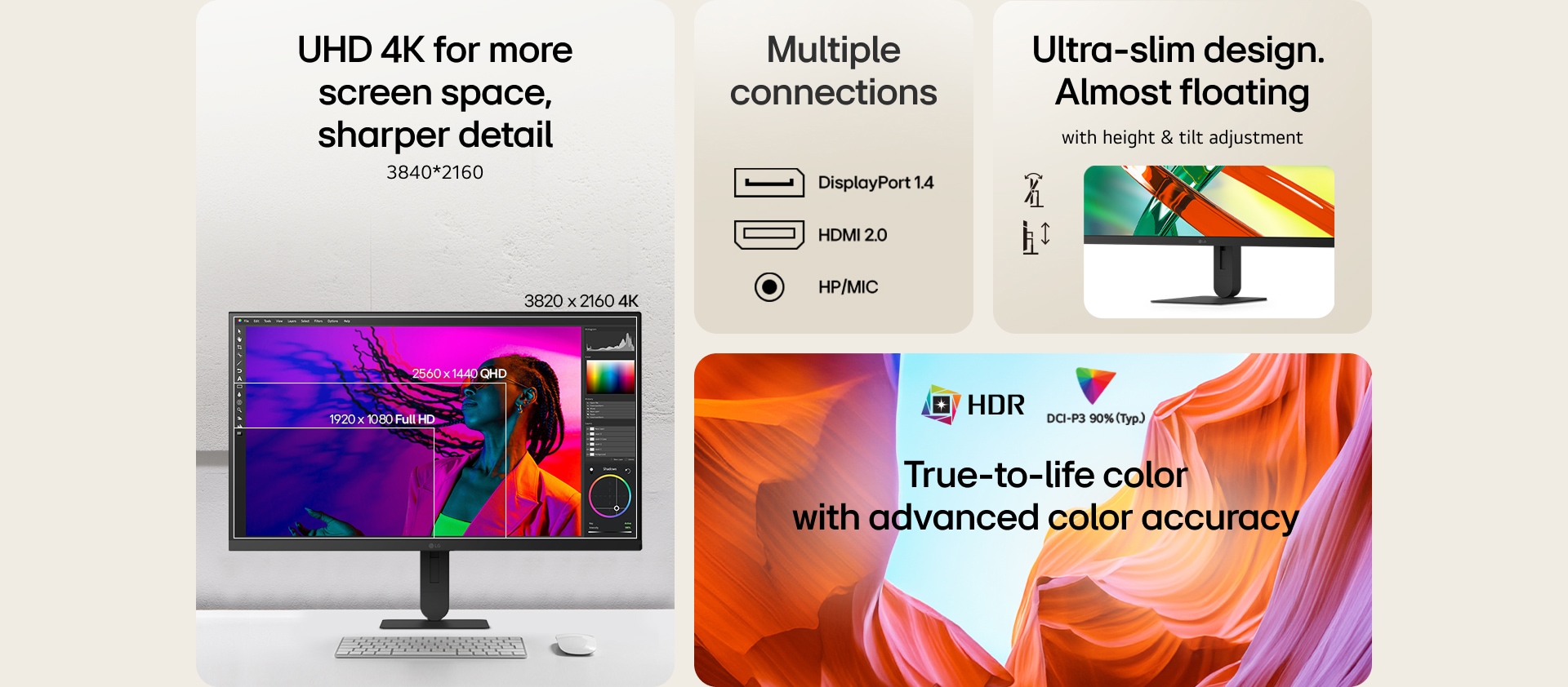 LG UHD 4K monitora galveno funkciju apskats ietver displeja izšķirtspēju 3840x2160, vairākas savienojuma iespējas, kā arī regulējamu augstumu un slīpuma iestatījumus.