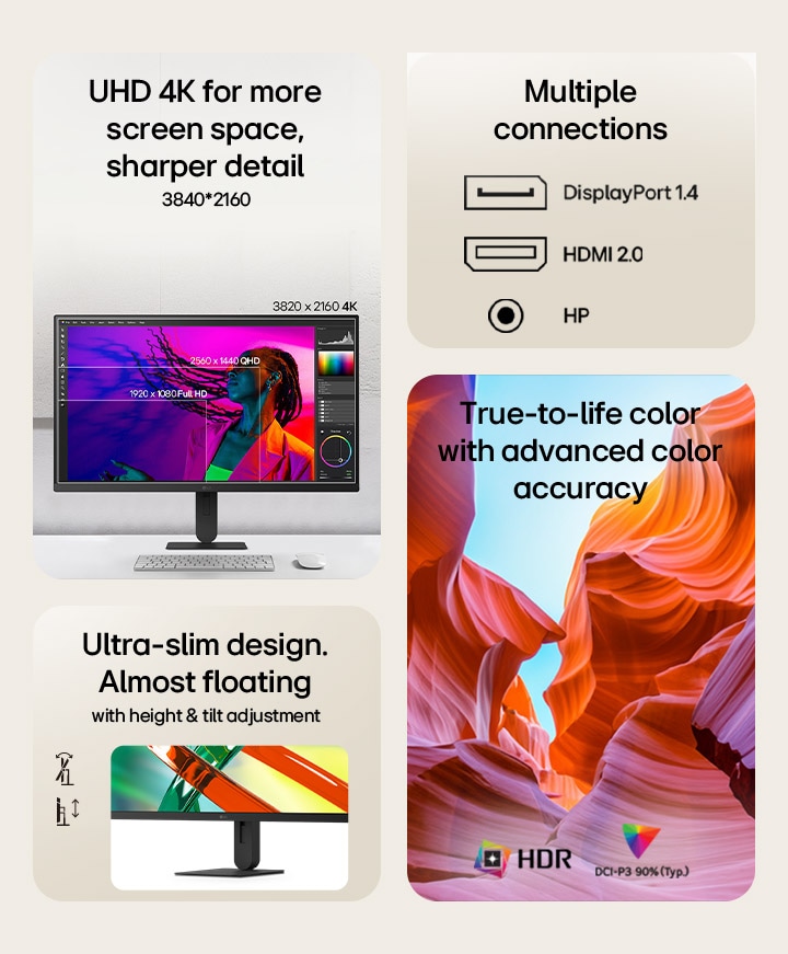 LG UHD 4K monitora galveno funkciju apskats ietver displeja izšķirtspēju 3840x2160, vairākas savienojuma iespējas, kā arī regulējamu augstumu un slīpuma iestatījumus.