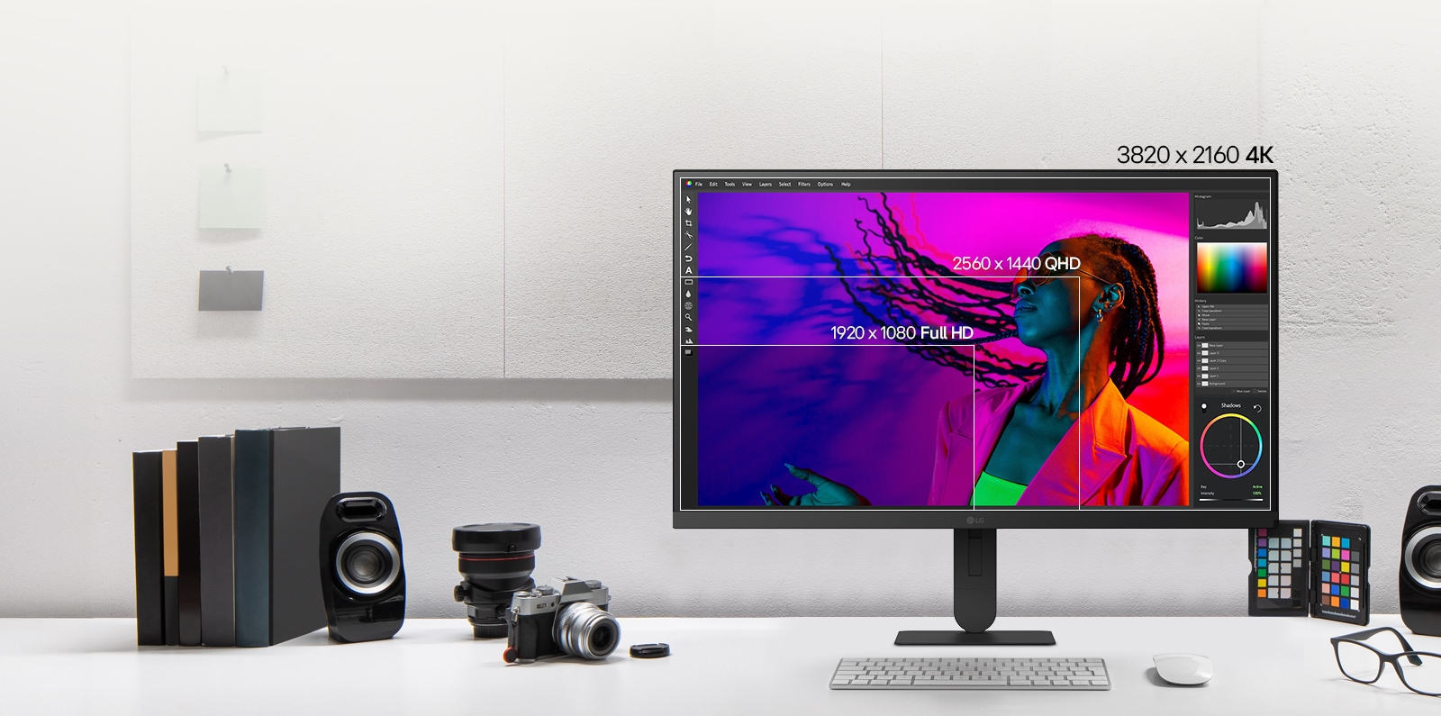 LG UHD 4K monitora izcelto funkciju klāstā ietilpst izšķirtspēja 3840x2160, nodrošinot lielāku ekrāna laukumu un asākas detaļas uzlabotas produktivitātes nodrošināšanai.	