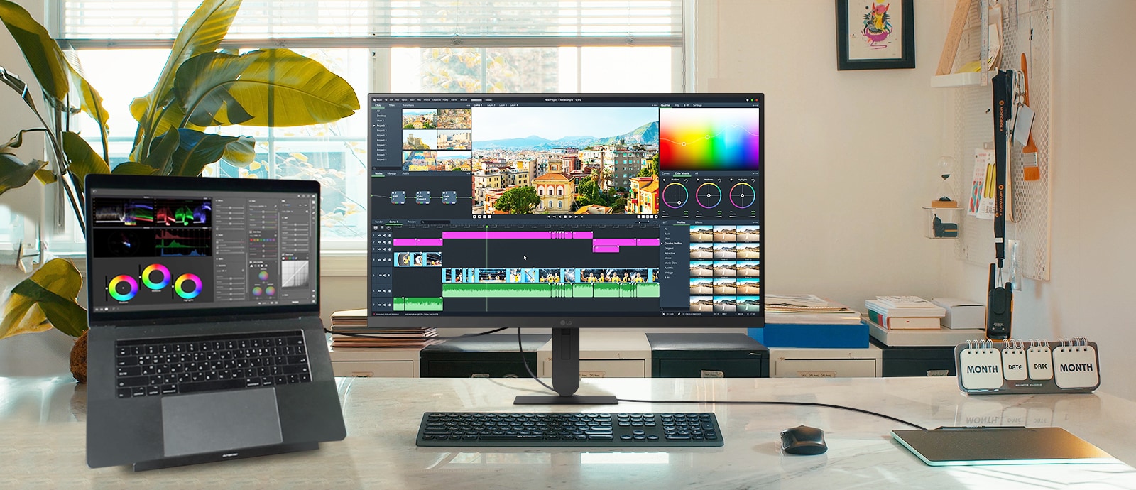 LG UHD 4K monitora izcelto funkciju klāstā ietilpst arī dinamiskās darbavietas nodrošināšana ar klēpjdatoru un monitoru, kas ir ideāli piemērota video rediģēšanai un radošiem projektiem ar iespaidīgu vizuālo noformējumu.
