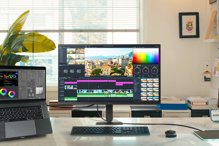 LG UHD 4K monitora izcelto funkciju klāstā ietilpst arī dinamiskās darbavietas nodrošināšana ar klēpjdatoru un monitoru, kas ir ideāli piemērota video rediģēšanai un radošiem projektiem ar iespaidīgu vizuālo noformējumu.