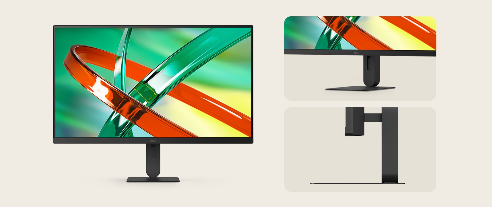 LG monitora izcelto funkciju klāstā parādīts monitors no priekšpuses un sānu skata, ilustrējot pielāgojamu augstumu un minimālistisku dizainu, kas piemērots modernām darba vietām. 