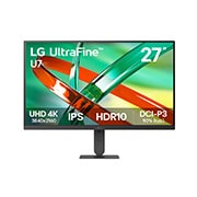 LG 27&nbsp;collu UltraFine™ U7, UHD 4K IPS monitors, LG UltraFine 27U710B monitora skats no priekšpuses, kurā redzama spilgta abstrakta grafika, izceļot galvenās funkcijas: IPS panelis, UHD 4K izšķirtspēja un HDR10, DCI-P3 90% (Tip.) atbalsts., 27U710B-B, thumbnail 1