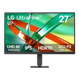 LG UltraFine 27U710B monitora skats no priekšpuses, kurā redzama spilgta abstrakta grafika, izceļot galvenās funkcijas: IPS panelis, UHD 4K izšķirtspēja un HDR10, DCI-P3 90% (Tip.) atbalsts.2