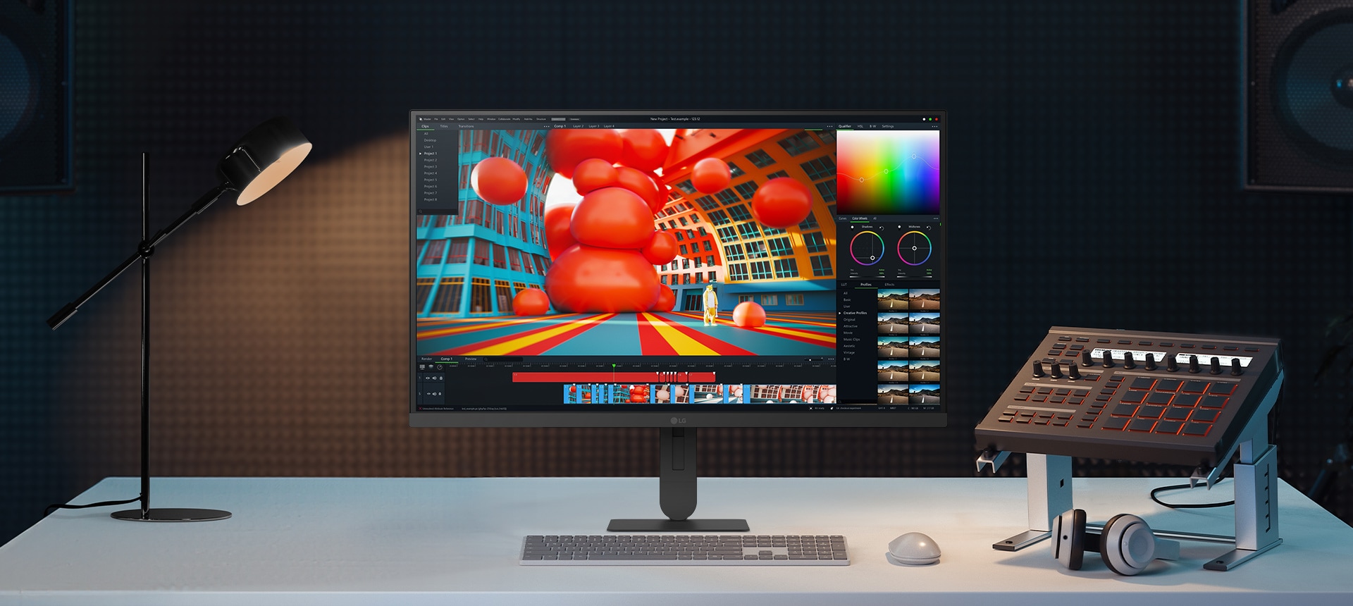 Glīta studijas darbvieta ar LG UltraFine 27U730B monitoru, kurā redzama spilgta 3D kustīgā grafika, galda lampu un profesionālu audio/video rediģēšanas aprīkojumu.